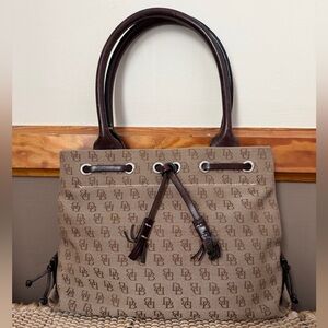 Dooney & Bourke Signature Logo Canvas Tassel Mini Tote Handbag Brown Leather